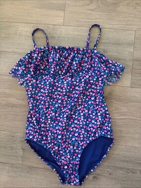 Amazon Kids Floral Ruffle One-Piece Swimsuit - Navy Pink